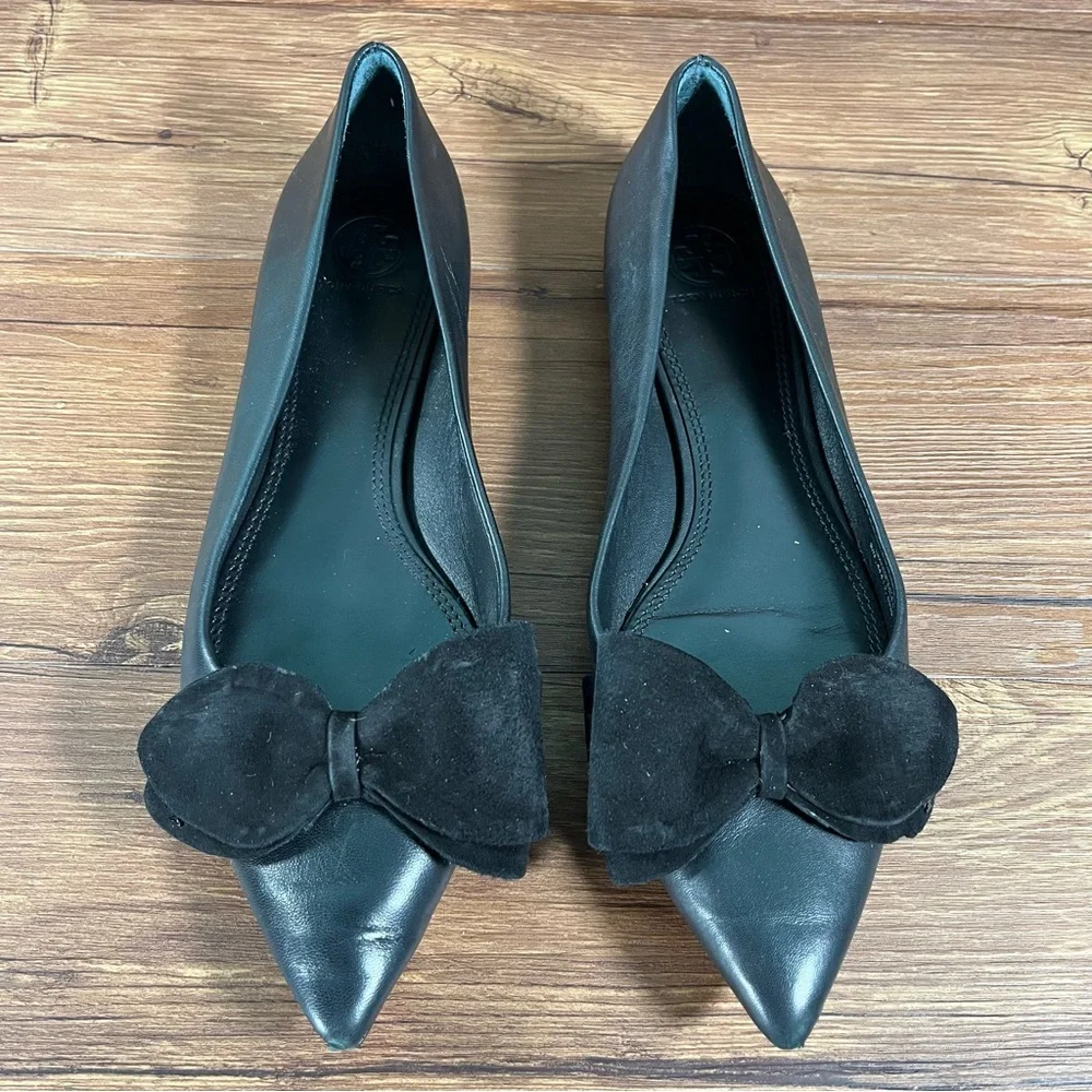 Tory Burch ‘Rosalind Bow’ Black Leather Slip-On Flats Women’s Size 9‎ Shoes